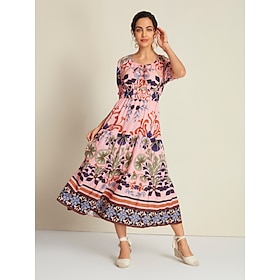 Floral Lace Up Elegant Short Sleeve Midi Dress