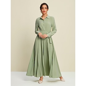 Hem Belted Turndown Long Sleeve Maxi Dress