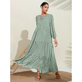 Women's A Line Dress Hem Maxi Maxi Dress Green Long Sleeve Geometic Geometrical Geometrical Spring V Neck Pattern Dress Simple fashion style Vacation S M L