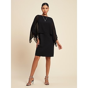 Women's Chiffon Wedding Guest Black Dress Loose Cape Mini Dress Bodycon Dress