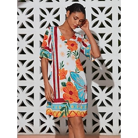 Women's Print Dress Mini Dress Orange Half Sleeve Flowers Floral Style Printing Summer V Neck Dresses Vacation XS S M