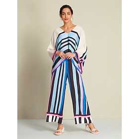 Satin Stripe Magyar Sleeve Blouse Maxi Pants Two Piece Set