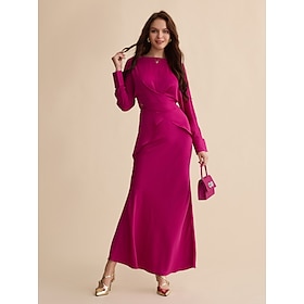 Satin Wedding Guest Magyar Sleeve Shirt Mid Waist Maxi Skirt Two Piece Set