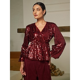 Sequin Party Lantern Sleeve V Neck Blouse