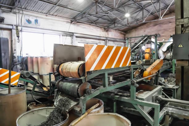 Rubber waste recycling. Industrial conveyor line with cut used car tires.