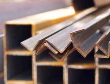 Metal profile angle in packs at the warehouse of metal products, Russia