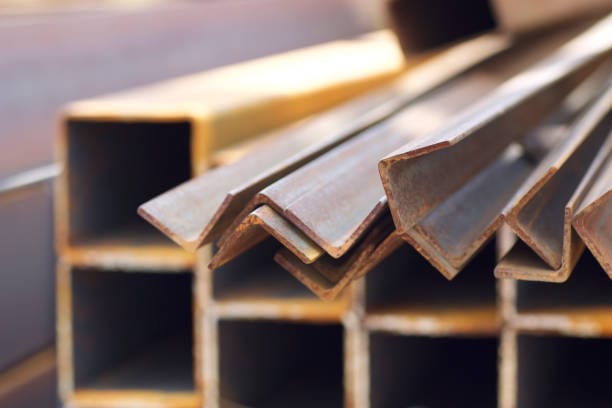 Metal profile angle in packs at the warehouse of metal products, Russia