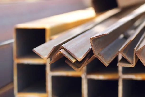 Metal profile angle in packs at the warehouse of metal products, Russia