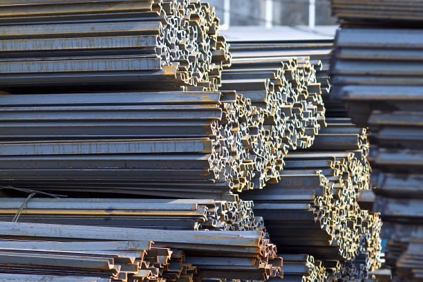 Metal profiles of different kinds are located in the metal products warehouse, Russia