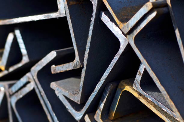 Metal profile channel in packs at the warehouse of metal products, Russia